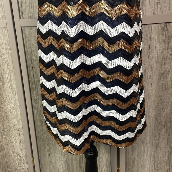 Francesca's Alya black/navy/gold/cream sequins bodycon dress women's L - Picture 4 of 13